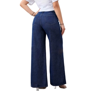 High-waisted wide-leg denim jeans in dark blue wash featuring classic back pocket design