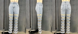 Detailed views of high-waisted wide-leg jeans with unique cutout grid patchwork design