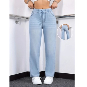 Women's Casual Washed Drawstring Denim Jeans Elastic Mid Waist Straight Leg Long Pants Comfortable Vintage Blue Denim Trousers