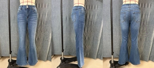 Multiple views of blue stretch flare jeans with double button high waist design and wash