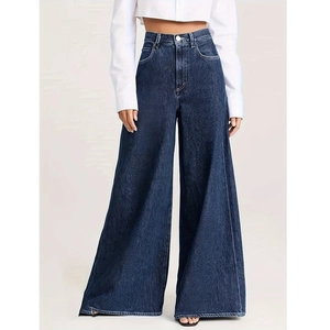 Jeans Femme Taille Haute Jambe Large Délavé Couleur Unie Denim Lavé Pantalons Décontractés Rétro Amples Pantalon Long