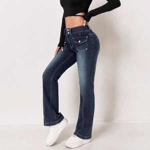 Jean Micro-flare Bleu Vintage pour Femmes Taille Haute Double Boucle Patchwork Coutures Contrastées Pantalon Denim Décontracté