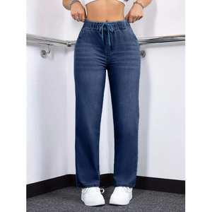 Women's casual dark blue washed straight leg jeans with drawstring elastic waistband