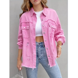 Pink distressed denim jacket for women featuring fringe edges and button closure