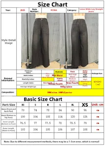 Size chart for wide leg straight jeans showing measurements for XS to XXL sizes