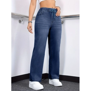 Women casual sky blue washed denim wide leg pants with drawstring elastic waist and side pockets