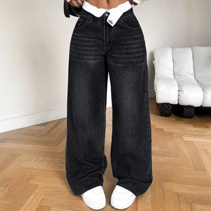 Women Low Waist Wide Leg Jeans Retro Washed Black Denim Pants Oversized Streetwear Baggy Straight Trousers With Folded Waist