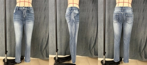 Vues détaillées du jean skinny stretch bleu clair avec taille haute et délavage usé