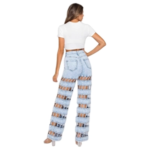 High-waist light blue jeans with hollowed-out trapezoid cut-outs and wide-leg design