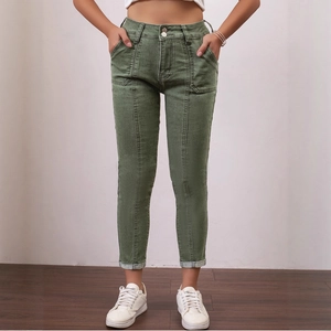 Jean en Denim Extensible Coupe Slim pour Femme Vert Armée Taille Basse Pantalon Crayon Neuf-points Avec Détail de Couture