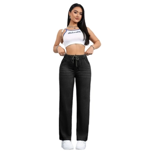 Women high waisted drawstring straight leg jeans in washed black denim fabric