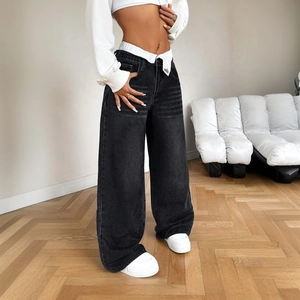Chic low-waist charcoal black wide-leg jeans with white fold-over waistband detail