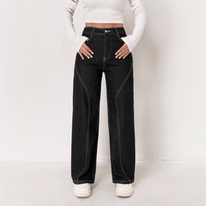 High waist black wide leg jeans with white contrast stitching and a stylish workwear cut