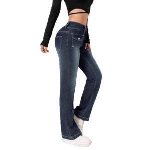 Jean flare pour femme en denim délavé foncé avec taille haute et poches décoratives