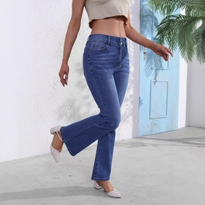 Women's mid-blue double-button high-waisted flare jeans with a slim fit and retro wash