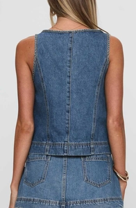 Détail des coutures arrière du gilet en jean et des poches de la jupe bleue