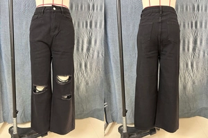 Front and back view of black high-waisted wide-leg jeans with distressed ripped details