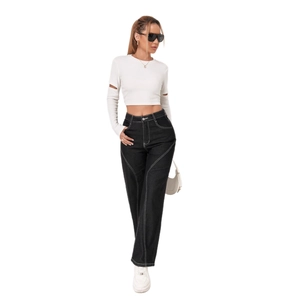 Women high waisted wide leg jeans with white contrast stitching and cutout crop top