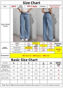 Detailed size chart for cherry embroidered wide leg jeans with fit and measurement data