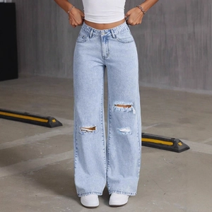 Women's High Waist Ripped Wide Leg Jeans Cotton Blend Streetwear Vintage Sand Washed Solid Color Denim Pants Loose Casual Trousers