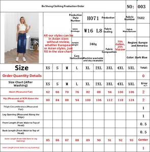 Size chart for high-waisted denim skirt with measurements from XS to 5XL and fit guide