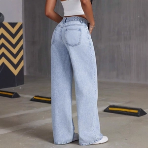 Classic light blue high waisted wide leg jeans for women with vintage washed finish
