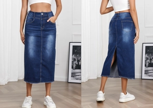 Front and back view of a high-waisted dark blue denim skirt with a back slit and raw hem
