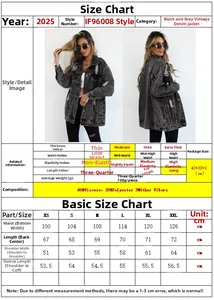 Detailed size chart for vintage black distressed denim jacket with measurements in cm