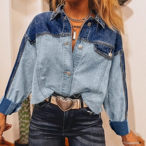 Women's color-block patchwork cropped denim jacket with frayed hem and metal buttons