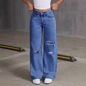 Classic light blue high waist wide leg jeans with distressed ripped knees for women