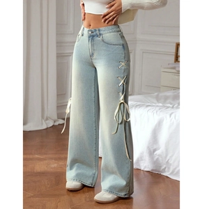 Women Plus Size Straight Leg Jeans Fashion Side Ribbon Lace-up High Waist Denim Pants Sweet Casual Loose Cotton Trousers