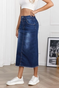 Detail of high-waisted dark blue denim midi skirt with raw hem edge and side-view fit