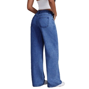 Classic blue high-waisted wide-leg jeans with back pocket detail and washed denim finish