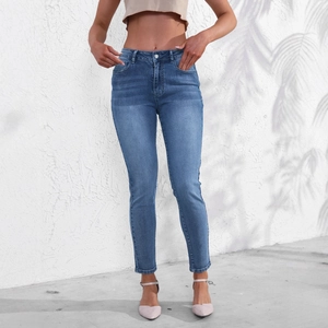 Jeans en Denim Extensibles Coupe Ajustée pour Femme Taille Basse Pantalon Crayon Bleu Décontracté Pantalon Long Quotidien