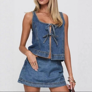 Ensemble Femme Denim Lavé Nœud Top Court Et Mini Jupe Sexy Débardeur Denim Sans Manches Tenue Deux Pièces Streetwear