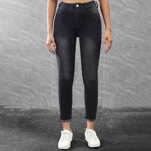 Women's Casual Low Waist Skinny Jeans Washed Black Cotton Blend Denim Pencil Pants With Raw Hem Cropped Streetwear Jeans