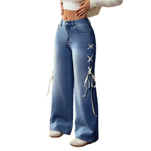 Light blue high waisted wide leg jeans with white ribbon lace-up side details