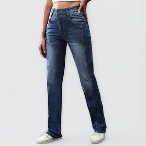 Women's dark blue high waist straight leg jeans with double button fly and whiskers