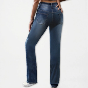 Slim fit straight leg denim jeans for women in vintage blue wash with back pocket detail