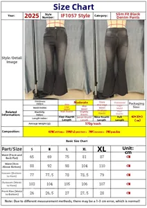 Detailed size chart for women's slim fit flare jeans with material and measurement specs