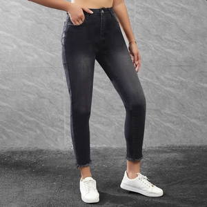 Women's slim fit dark grey cropped jeans with elastic fabric and raw hem edges