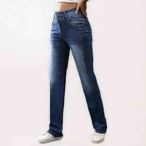 Detail of high waisted straight jeans in dark blue with whiskering and double button closure