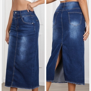 Women High Waist Denim Midi Skirt Washed Distressed Blue Bodycon Slit Raw Hem Cotton Blend Jeans Skirt Casual Bottoms
