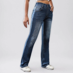 High-waisted straight leg jeans for women featuring side patchwork panels in dark blue denim