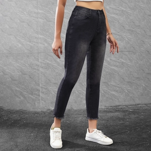 Women black skinny cropped jeans with raw hem and stretch denim material for slim fit