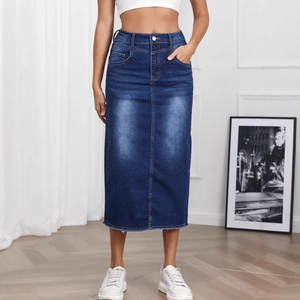 High waist dark blue A-line denim skirt with button details and frayed hemline