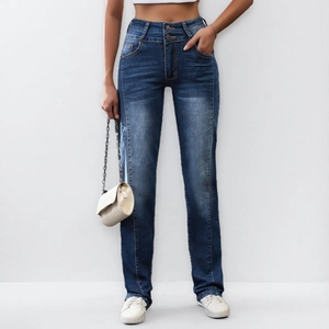 Women High Waist Straight Leg Jeans Double Button Patchwork Washed Denim Pants Dark Blue Vintage Casual Stretchy Trousers