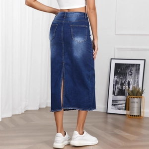 High-waisted dark blue denim midi skirt with back slit and frayed hem detail