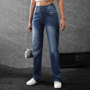 Close-up of high-waisted double-button jeans with washed dark blue straight-leg denim
