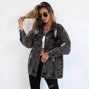 Vintage Distressed Denim Jacket For Women Oversized Washed Black Grey Ripped Jean Coat Harajuku Streetwear Outerwear